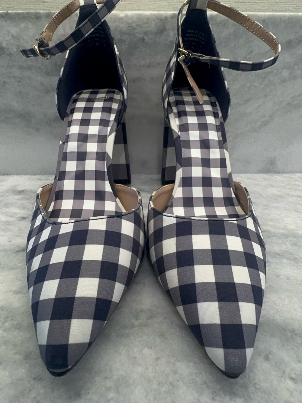 Draper James Navy & White Gingham Pointed-Toe Ankle-Strap chunky heels